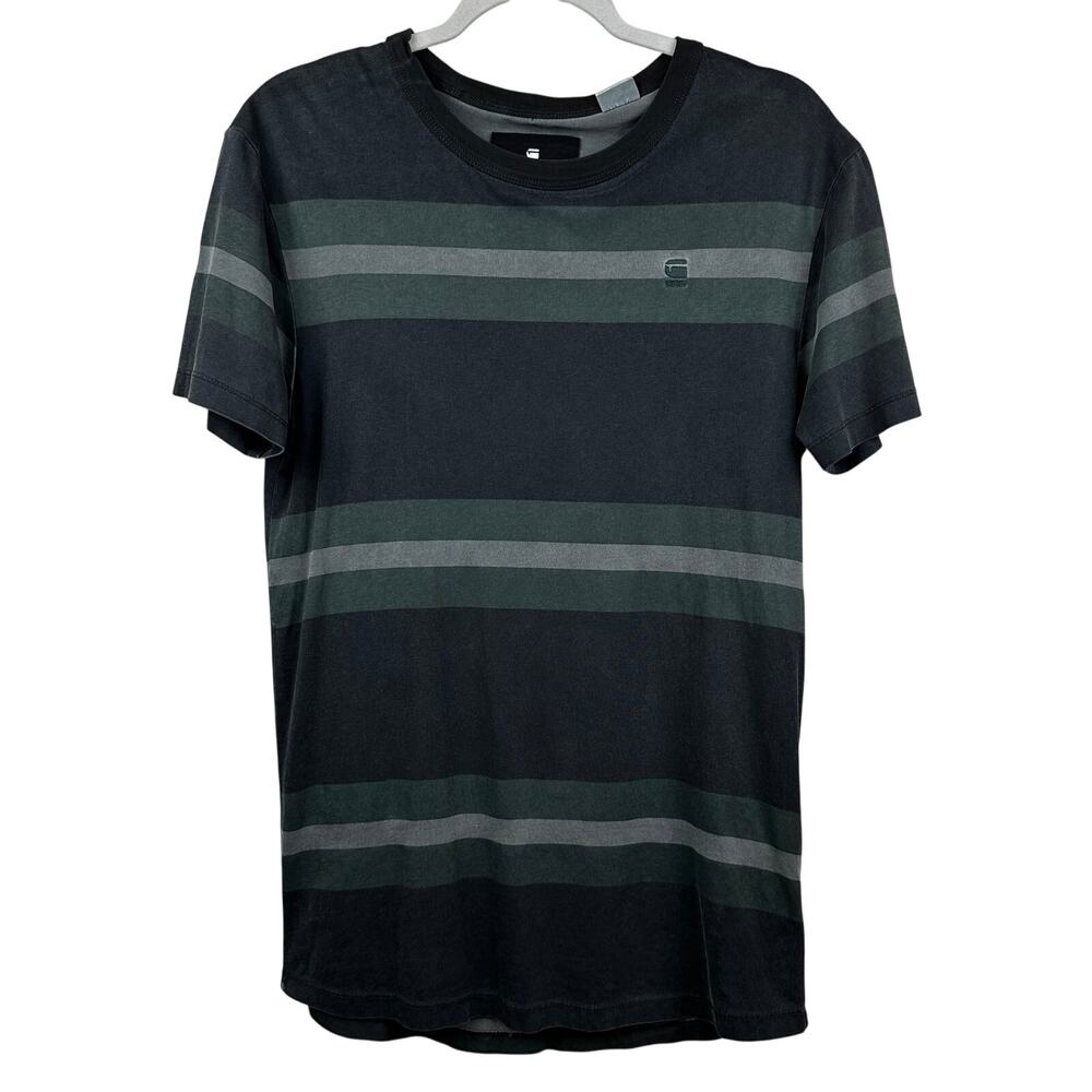 G-Star Raw Men's Striped Short Sleeve Tee Shirt Logo Cotton Green Black XS
